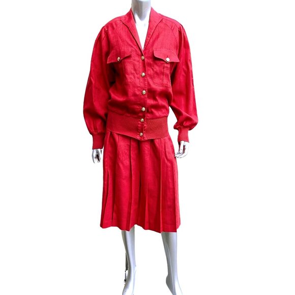 Vintage Neiman Marcus Red Linen Retro Pleated Skirt Suit 8 - Picture 2 of 12